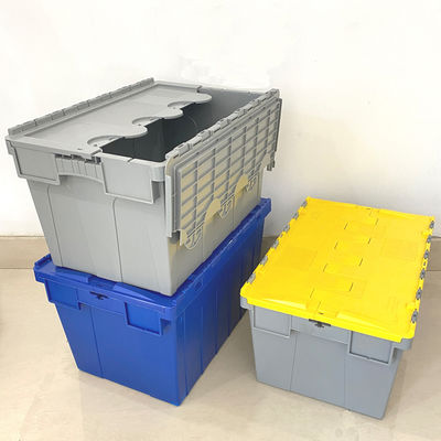 ซื้อ Plastic Crate With Lid Heavy Duty Cheap Plastic Moving Boxes Storage Stackable Attached Lid Container การผลิตออนไลน์